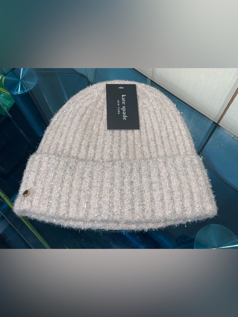 Kate Spade ♠️ Tinsel Knit Beanie in English Rose Winter Hat Pink Metallic NWT - Picture 2 of 8